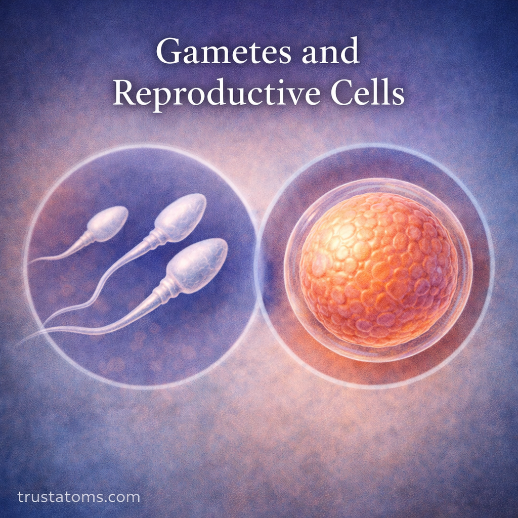 Illustration of gametes showing sperm cells and an egg cell representing male and female reproductive cells.