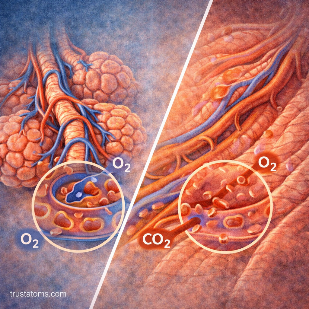 Split diagram showing gas diffusion in alveoli versus body tissues with oxygen and carbon dioxide exchange.