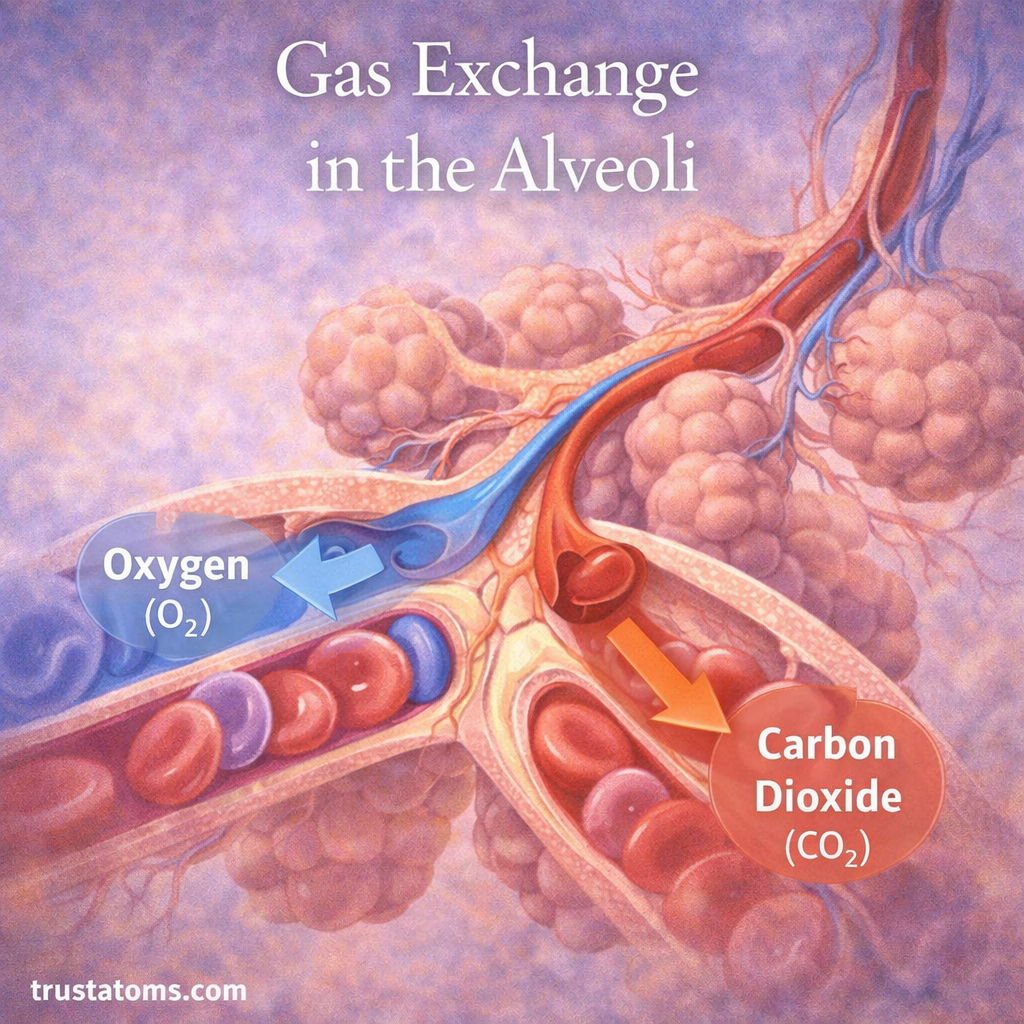 Diagram of alveoli showing oxygen entering the bloodstream and carbon dioxide leaving through surrounding capillaries during gas exchange.