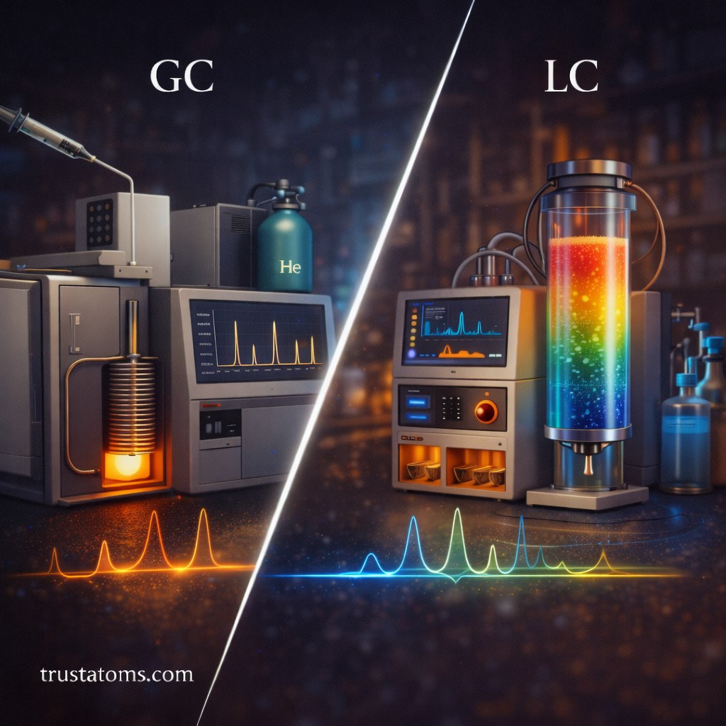 Split illustration comparing gas chromatography and liquid chromatography instruments used to separate chemical mixtures.