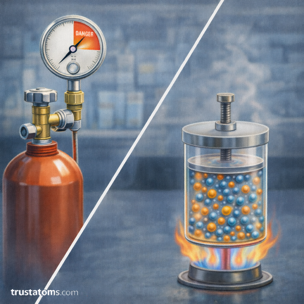 Split illustration showing a pressurized gas cylinder and a heated gas container demonstrating pressure and temperature effects in gases.