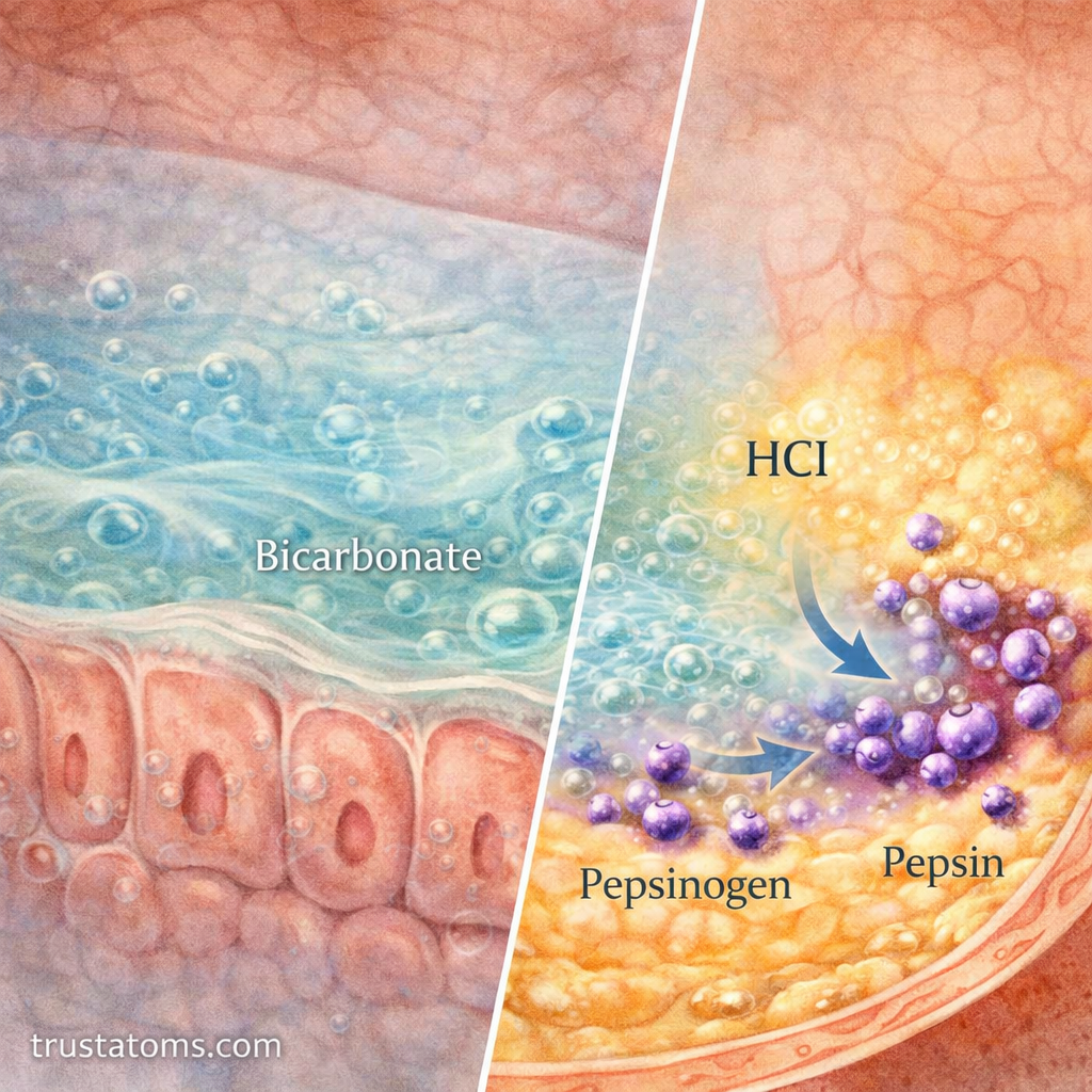 Split diagram showing stomach mucus protection and activation of pepsin from pepsinogen by gastric acid.