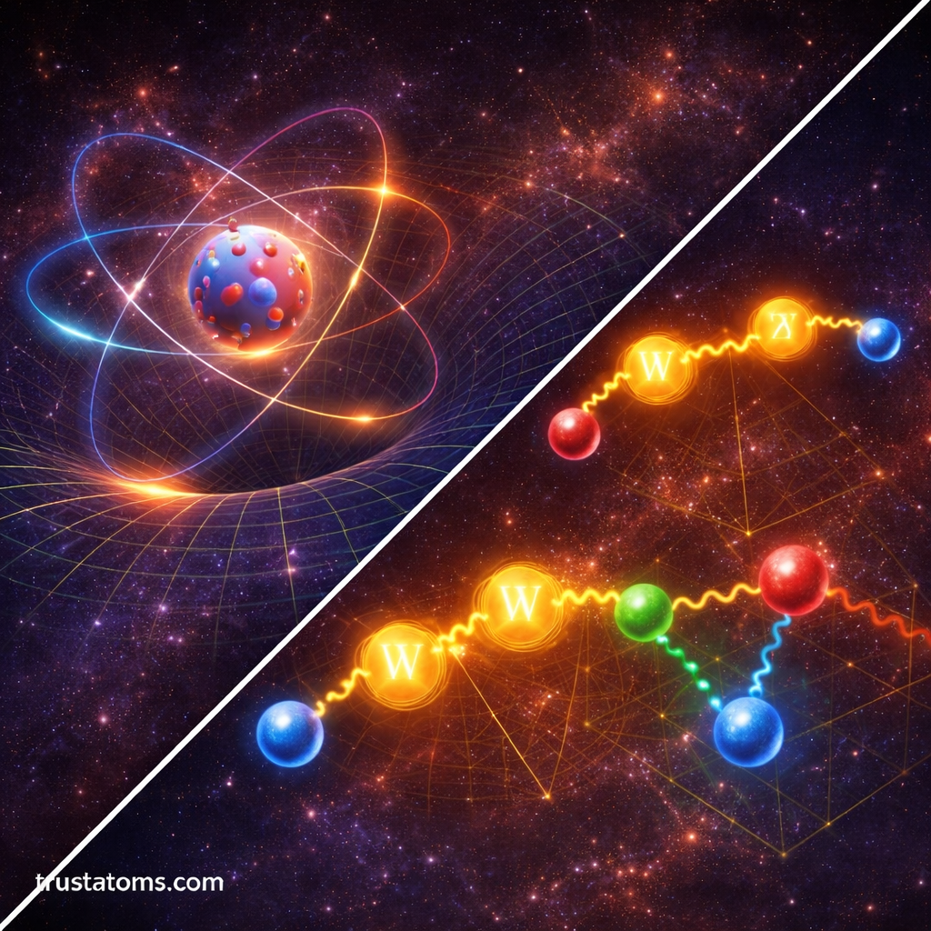 Diagonal split illustration showing atomic structure on one side and interacting force-carrying particles on the other, representing gauge symmetry in field theories, with trustatoms.com watermark.