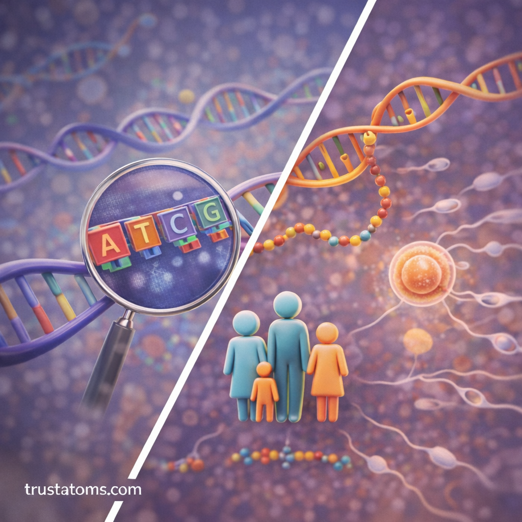 Split scientific diagram showing DNA base pairs being examined on one side and genetic inheritance from parents to offspring on the other.