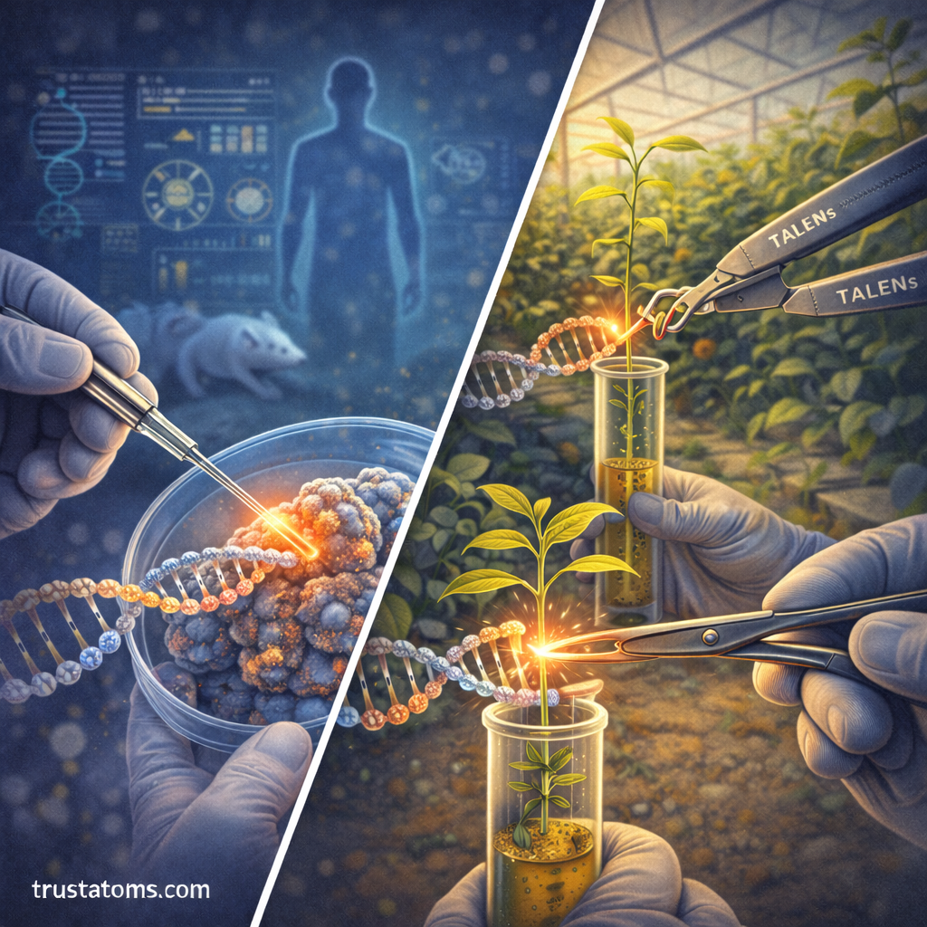 Split illustration showing gene editing technologies used in human cell research and plant genetic modification.