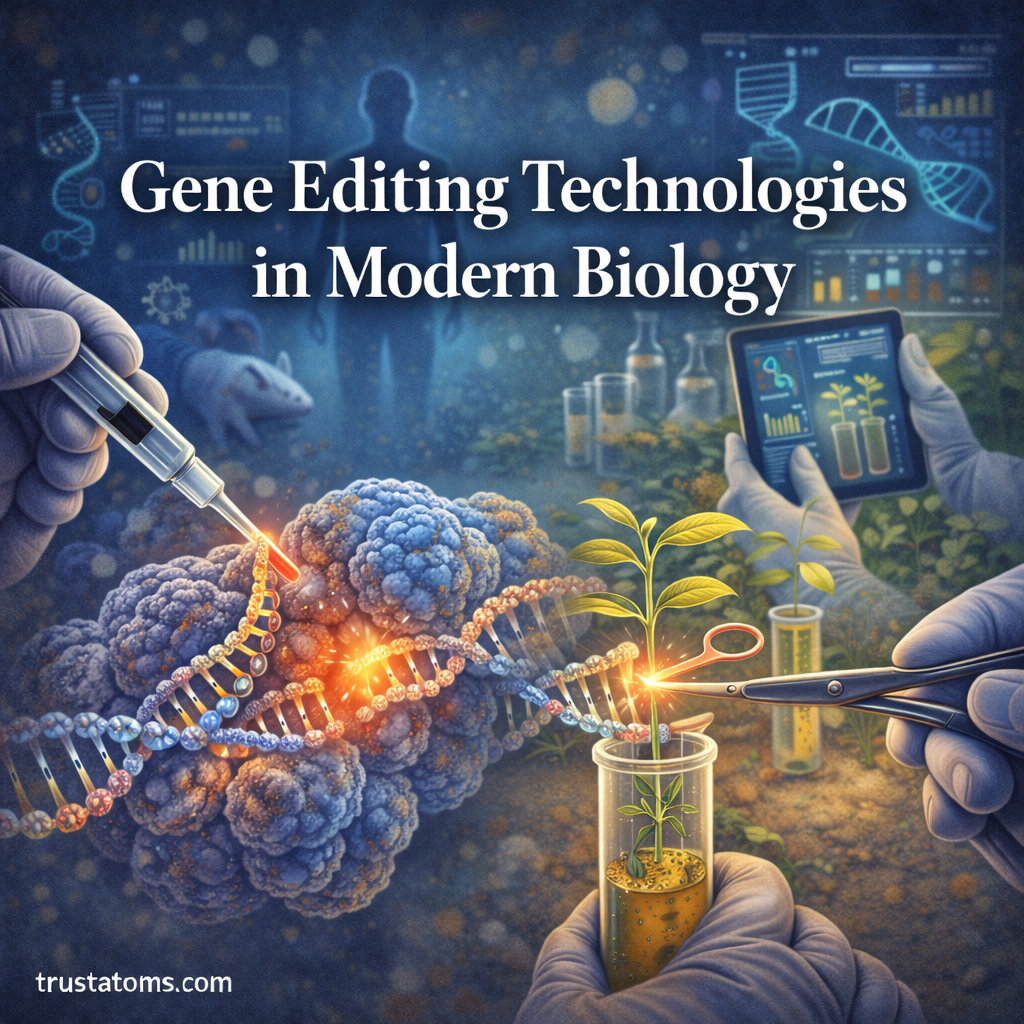 Illustration showing gene editing technologies in modern biology with CRISPR DNA cutting, laboratory gene modification, and plant biotechnology.
