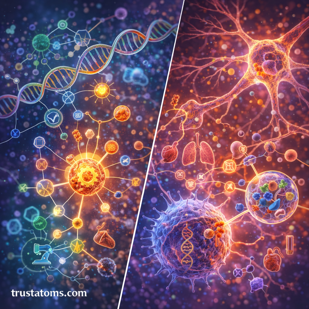 Split scientific diagram showing gene regulatory and metabolic networks on one side and cellular signaling and organ interactions on the other.
