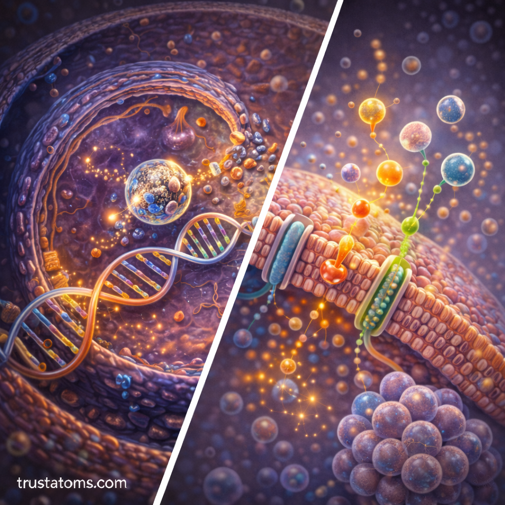 Split illustration showing gene regulation inside a cell nucleus with DNA and transcription factors on one side and cell signaling molecules interacting with membrane receptors on the other.