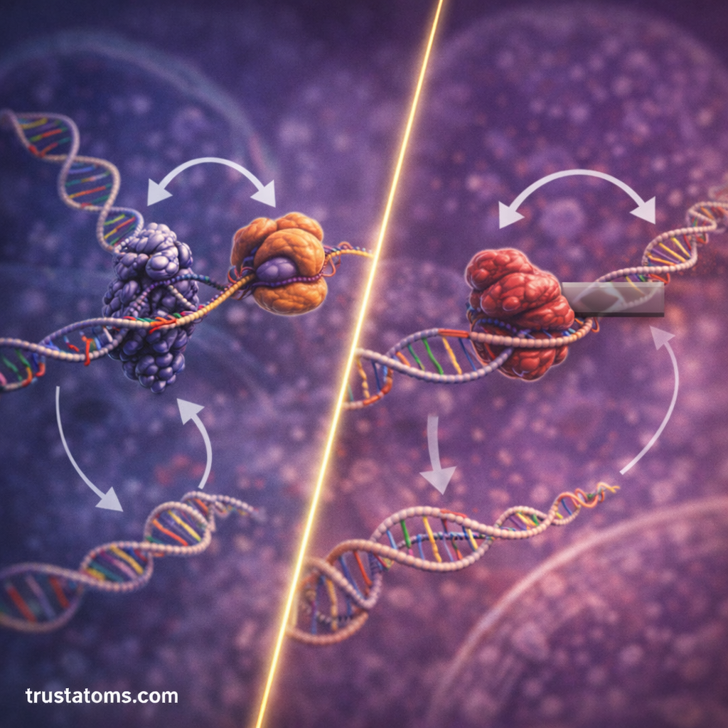 Diagonal split illustration showing a gene regulatory network with positive feedback activation on one side and negative feedback repression controlling gene expression.