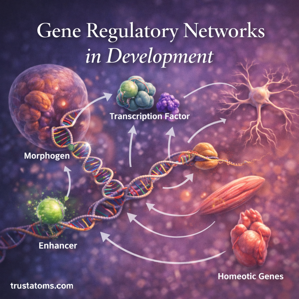 Illustration showing gene regulatory networks guiding embryonic development with DNA, transcription factors, morphogens, and developing cell types such as neurons and muscle cells.