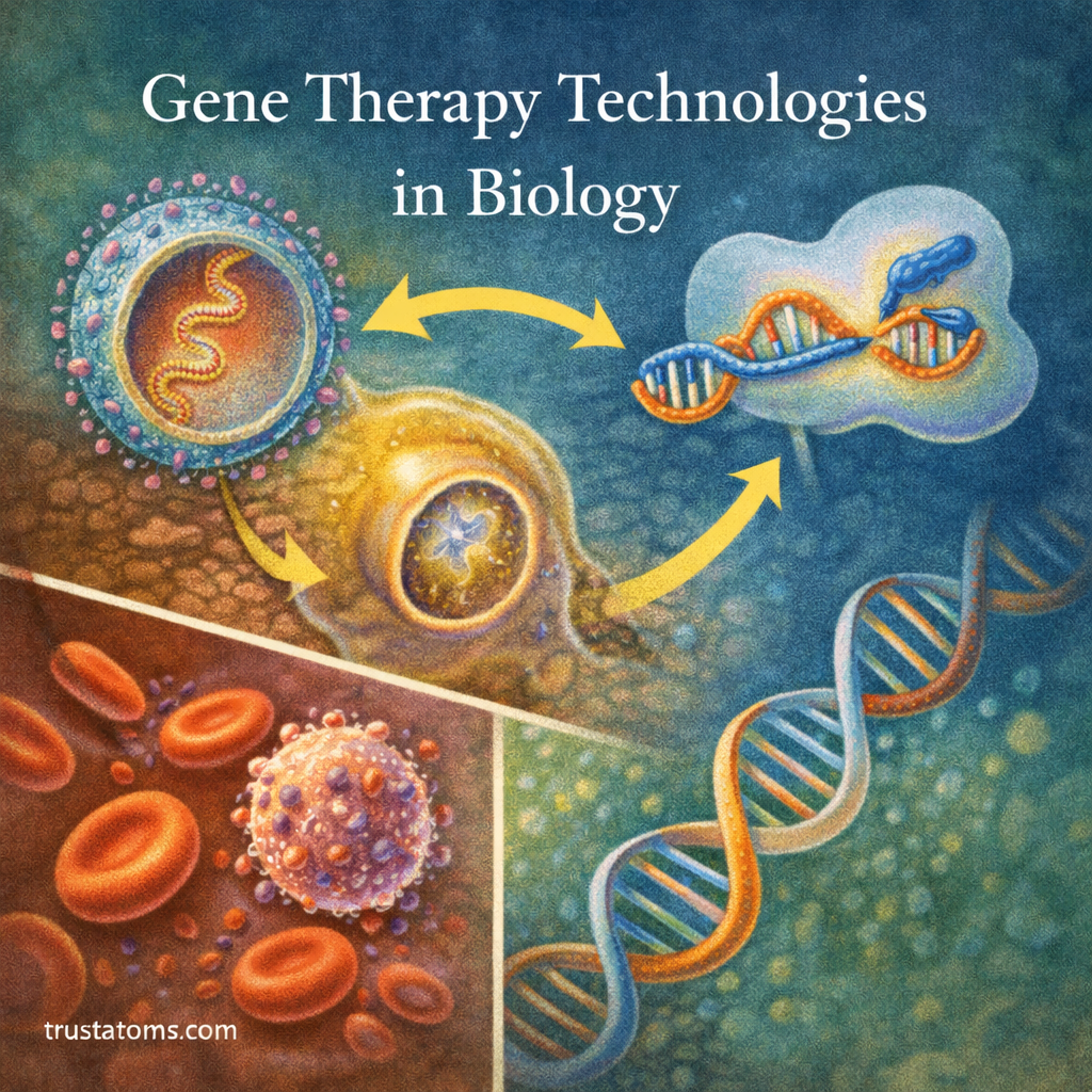 Illustration showing gene therapy technologies including viral vectors delivering genetic material, CRISPR gene editing, DNA strands, and modified blood cells.