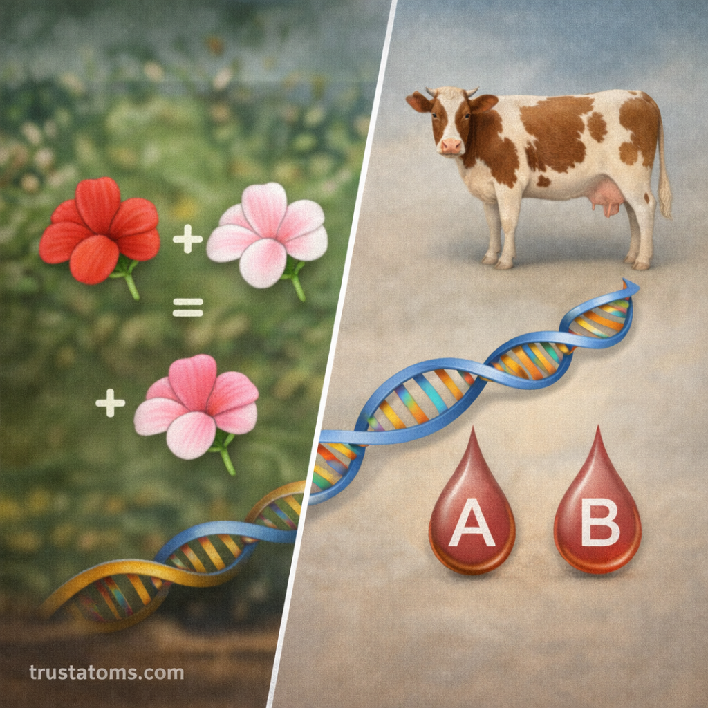 Split educational diagram showing incomplete dominance with red and pink flowers on one side and codominance with cow coat pattern and blood types on the other, connected by a DNA strand.
