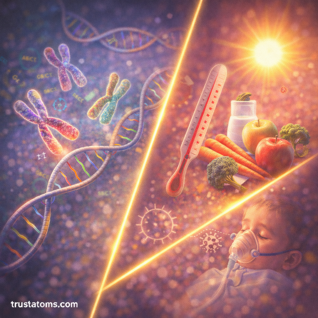 Diagonal split illustration showing genetic factors like DNA and chromosomes on one side and environmental influences such as nutrition, temperature, and sunlight affecting trait inheritance.