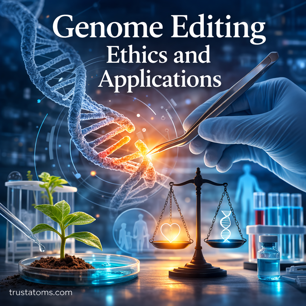 Illustration showing DNA genome editing with lab tools and symbols representing ethics, medicine, and biotechnology.