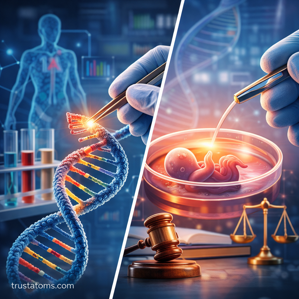 Split illustration showing DNA editing for medical research on one side and embryo genome editing with ethical considerations on the other.