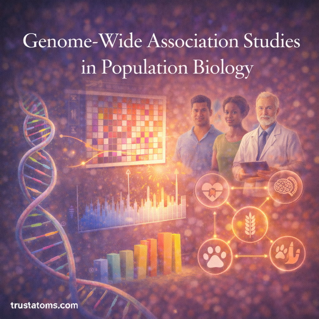 Illustration showing genome-wide association studies with DNA helix, genomic data charts, and diverse individuals representing population genetic analysis.