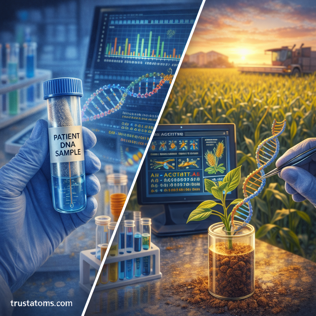 Split illustration showing genomic sequencing used for patient DNA analysis in medical research and crop genetics in agriculture.