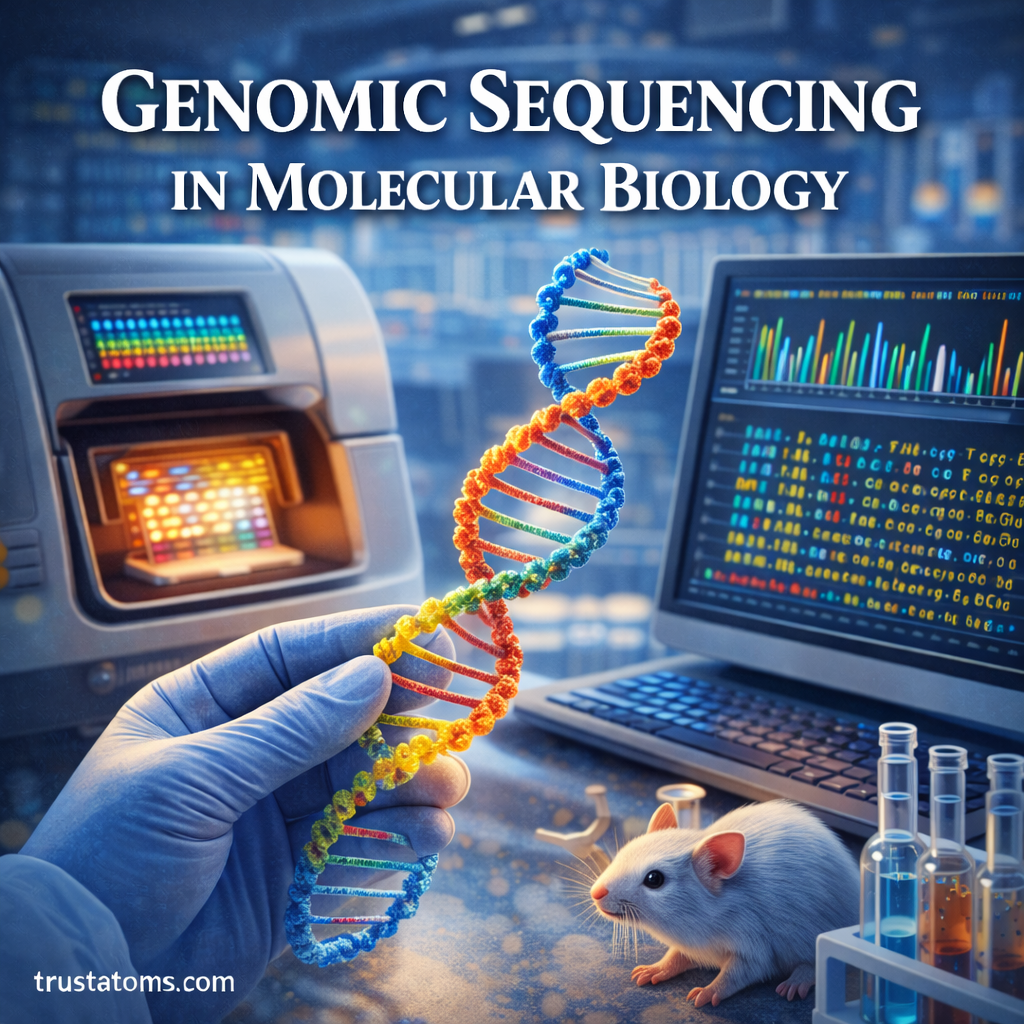 Illustration showing genomic sequencing in molecular biology with DNA analysis, sequencing machine, and genetic data on a computer.