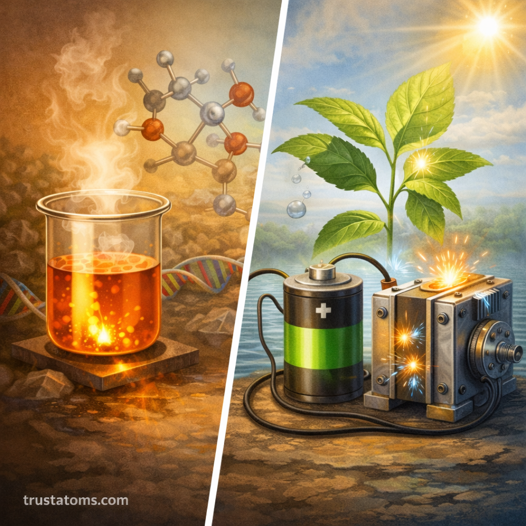 Split illustration showing spontaneous and non-spontaneous energy processes with a chemical reaction releasing heat on one side and a plant-powered energy system on the other.
