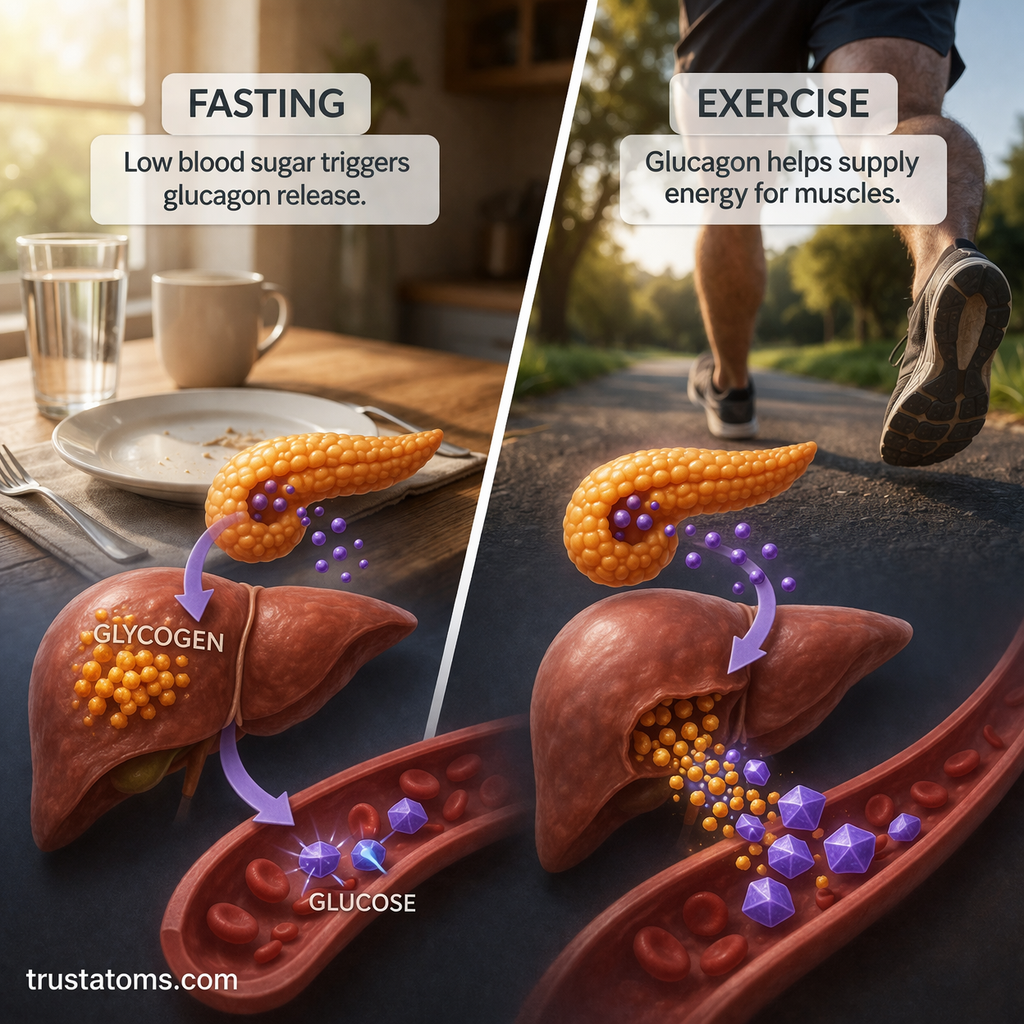 Split illustration showing glucagon activity during fasting versus after eating, highlighting glycogen breakdown and storage in the liver.