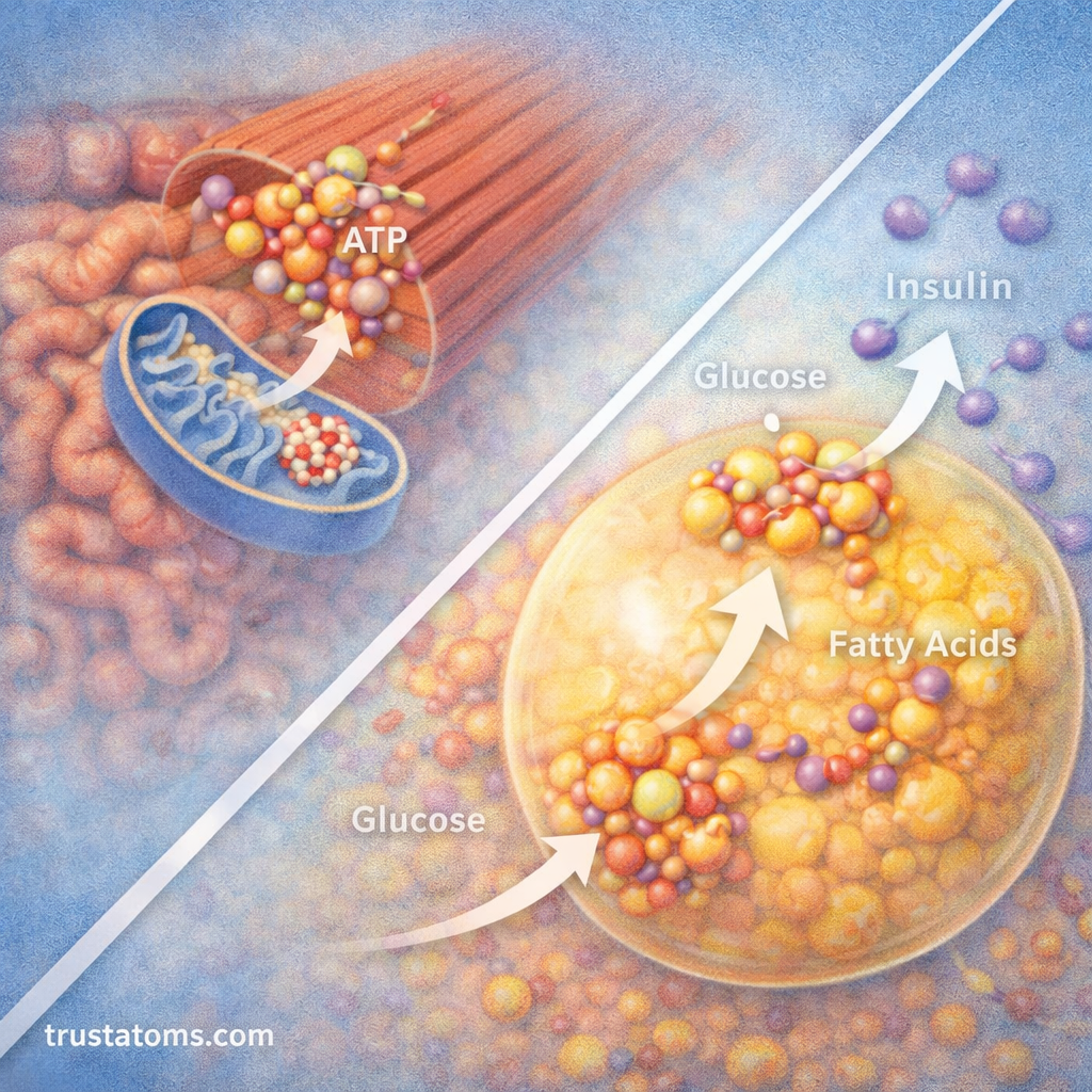 Split illustration showing glucose used for energy in muscle cells and stored as fat with insulin regulation.