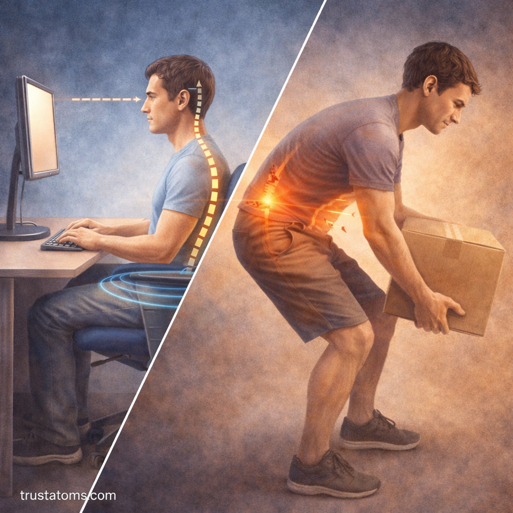 Split illustration comparing proper seated posture with neutral spine and improper lifting posture causing lower back strain.