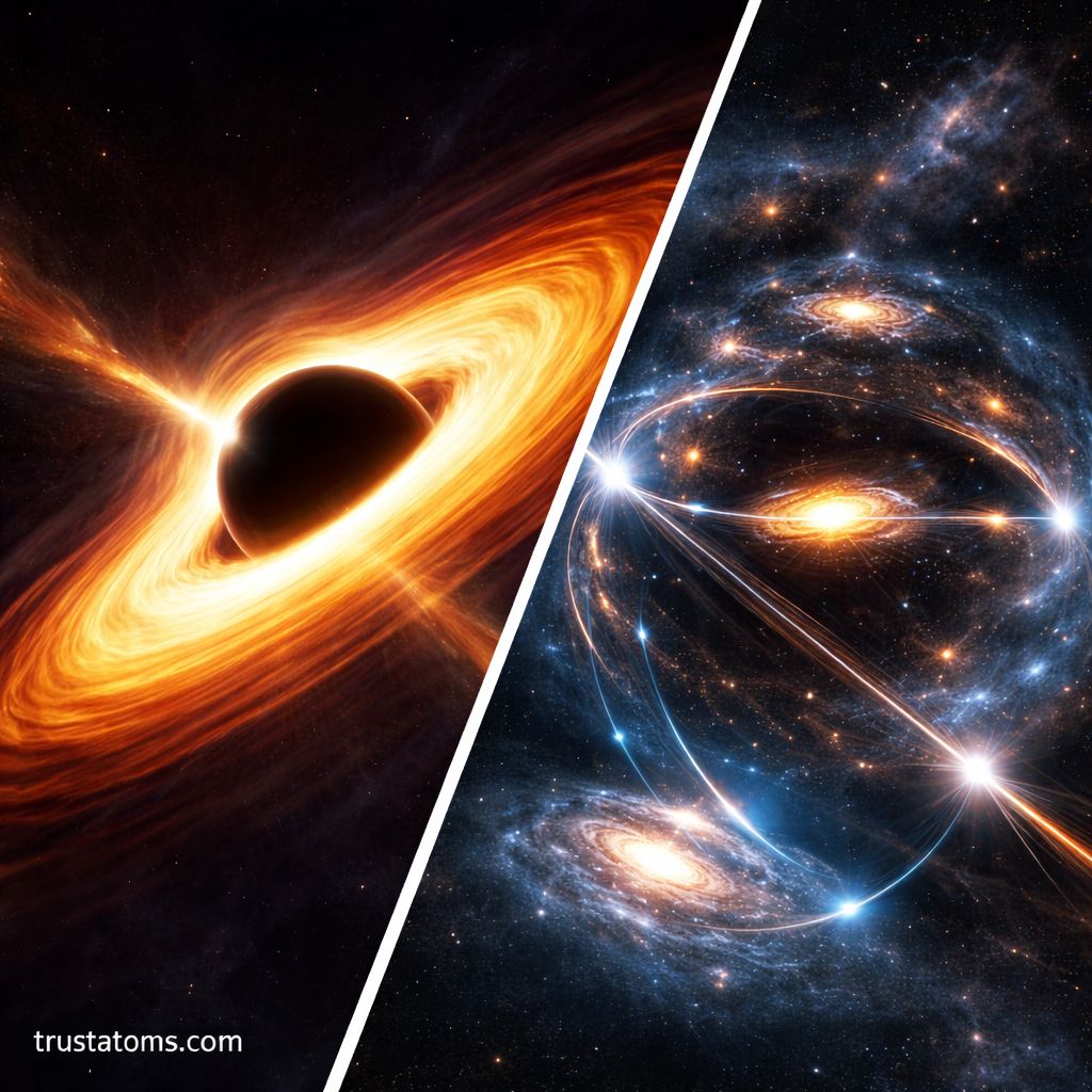 Diagonal split illustration showing light bending around a black hole on one side and multiple lensed galaxy images formed by a massive galaxy cluster on the other.