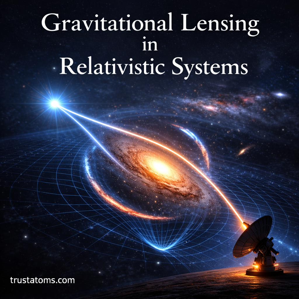 Illustration showing light bending around a massive galaxy to demonstrate gravitational lensing in curved spacetime.