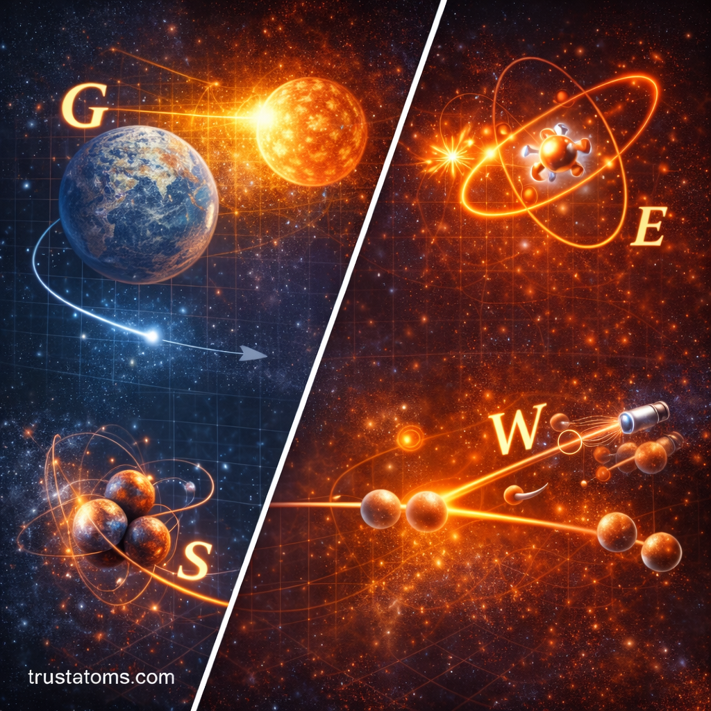 Diagonal split illustration showing gravitational and electromagnetic interactions on one side and strong and weak nuclear interactions on the other in a cosmic context.