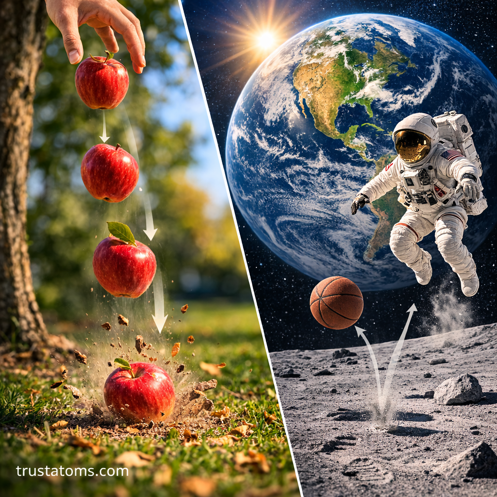 Split educational illustration showing a feather and bowling ball falling in a vacuum chamber and a basketball and tennis ball dropped outdoors to demonstrate gravity.