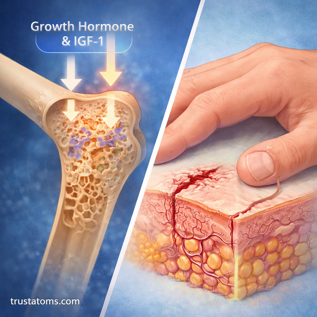 Split illustration showing growth hormone supporting bone regeneration and skin tissue repair.