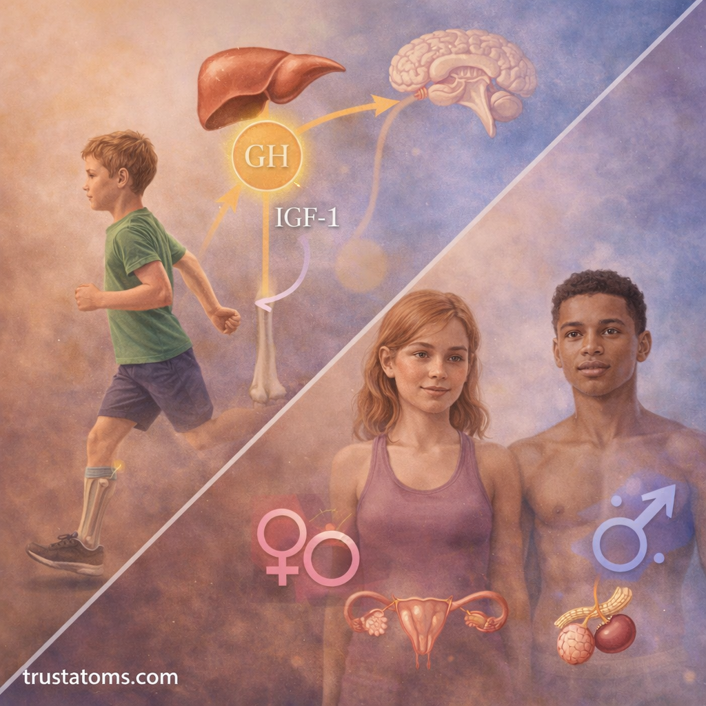 Split illustration showing early childhood growth versus puberty hormone activation with endocrine system involvement.