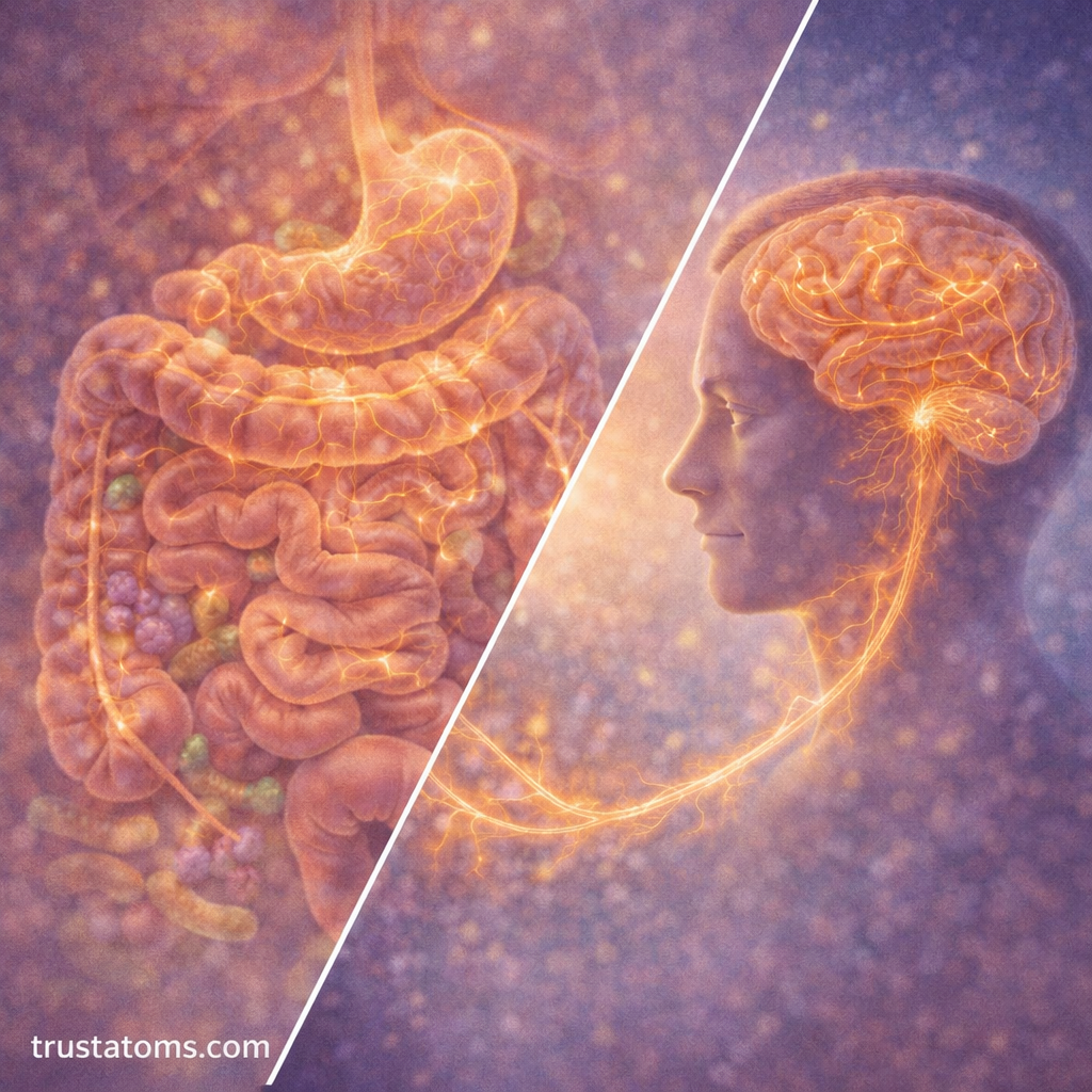Split illustration showing the digestive system and brain connected through the enteric nervous system and gut-brain axis.