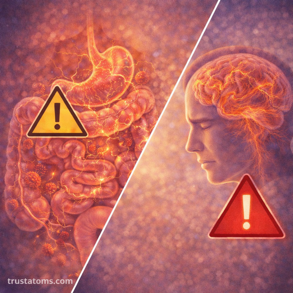 Split illustration showing stress effects on the digestive system and brain highlighting gut–brain communication disruption.