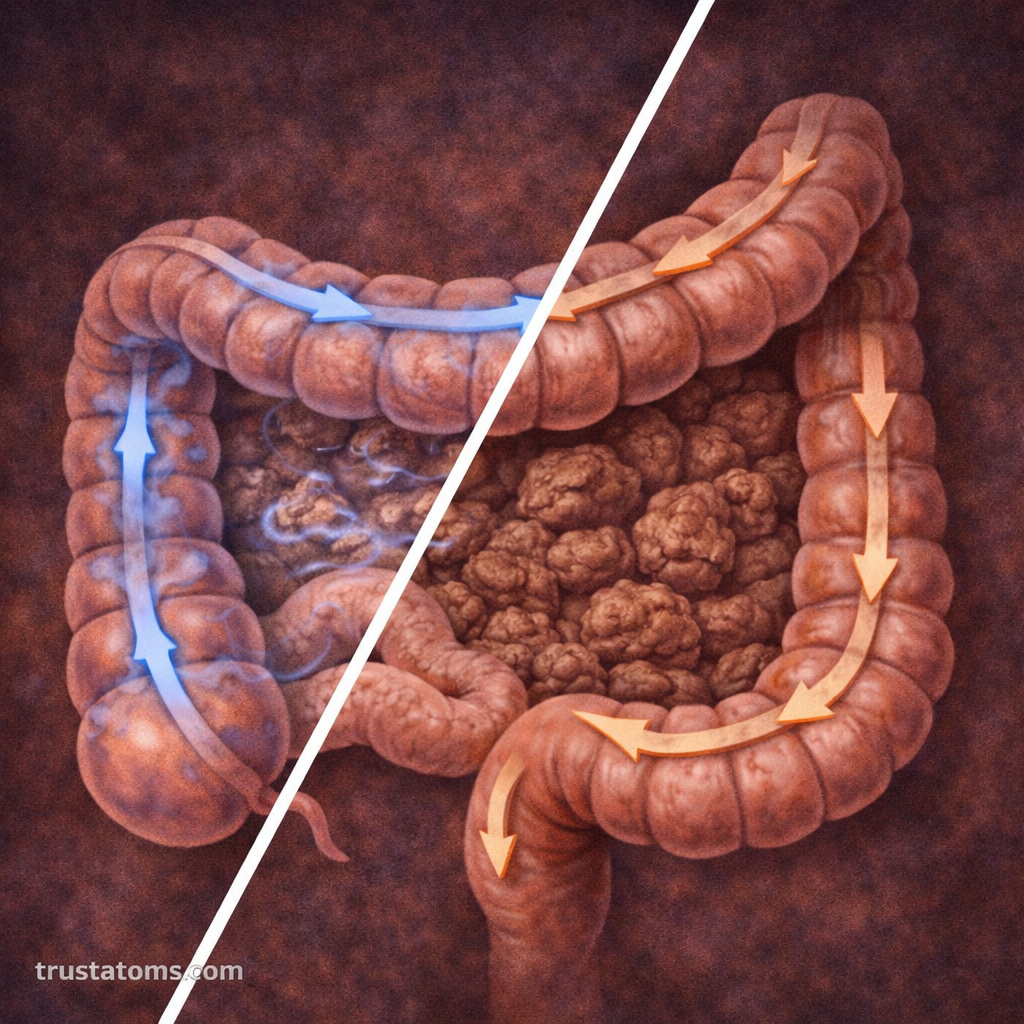 Split diagram comparing fast gut motility with slow peristalsis, showing differences in digestion speed and stool formation.