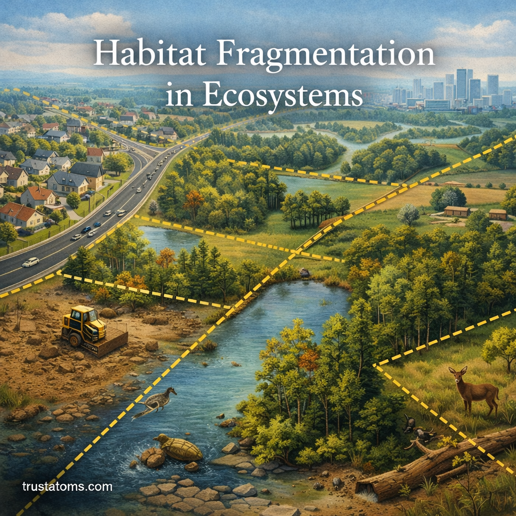 Illustration showing habitat fragmentation in ecosystems with forests divided by roads, farmland, and urban development affecting wildlife movement.