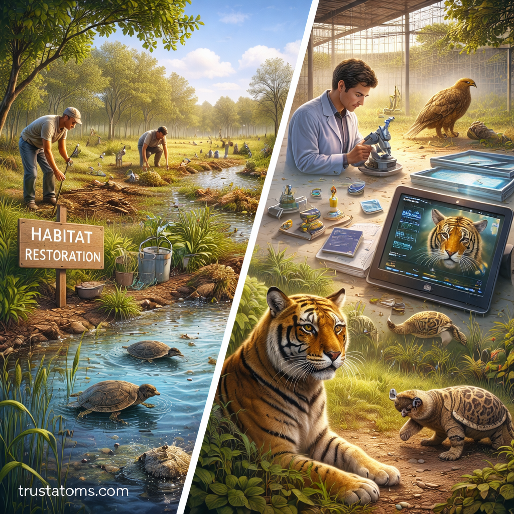 Split illustration showing habitat restoration efforts in a natural ecosystem on one side and wildlife conservation research and species monitoring on the other.