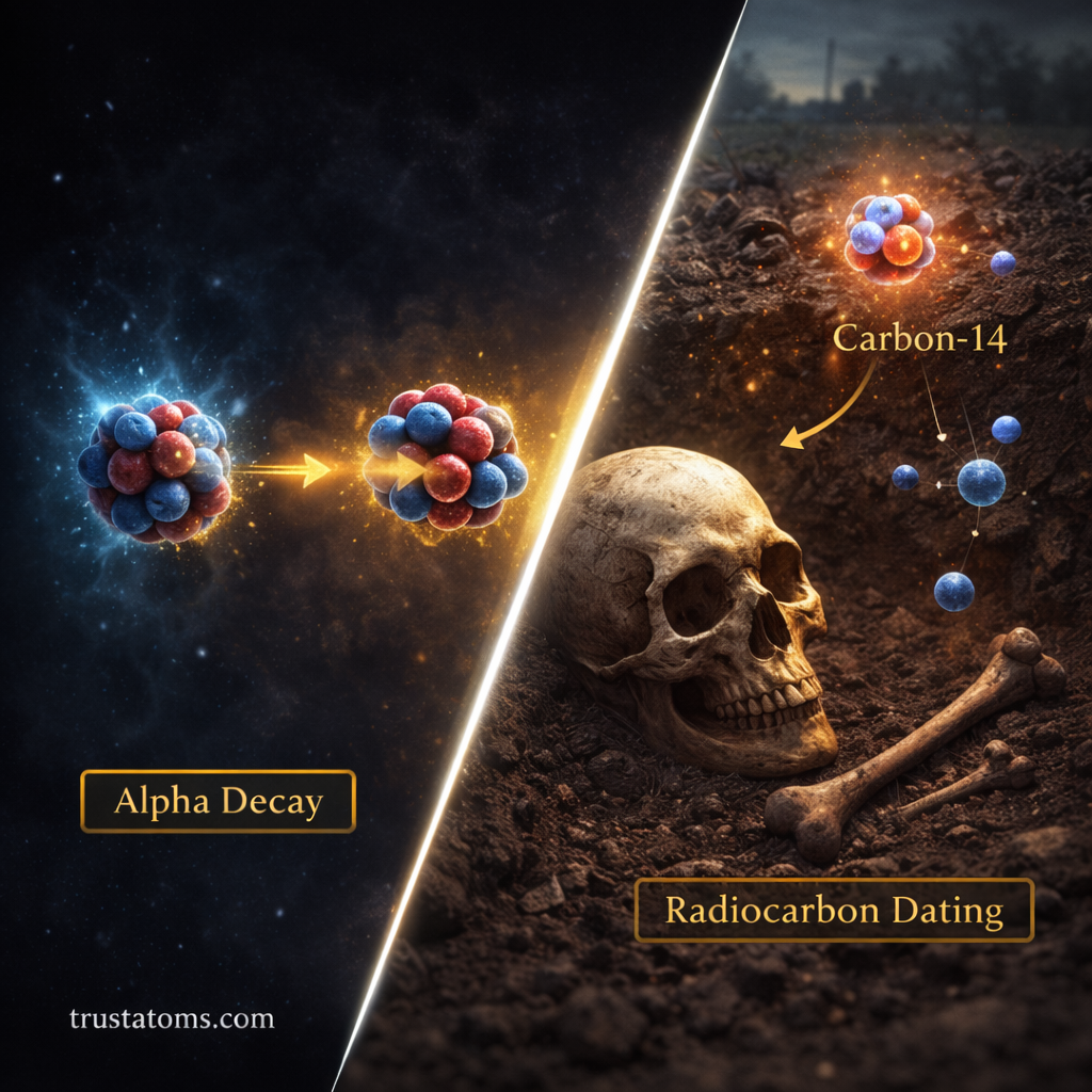 Split illustration showing radioactive decay of atomic nuclei and carbon-14 dating of ancient remains.