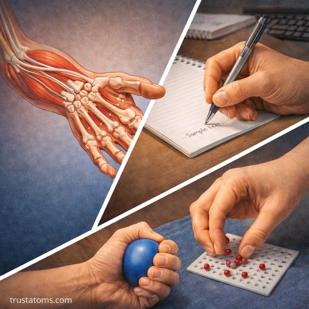Split illustration showing hand anatomy, writing, gripping a ball, and fine motor tasks with small objects.