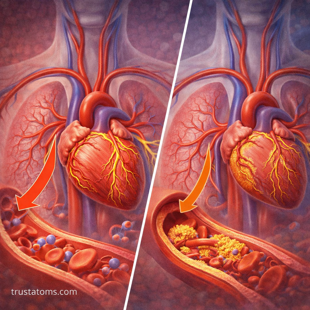 Split diagram showing a healthy coronary artery versus a narrowed artery with plaque buildup.