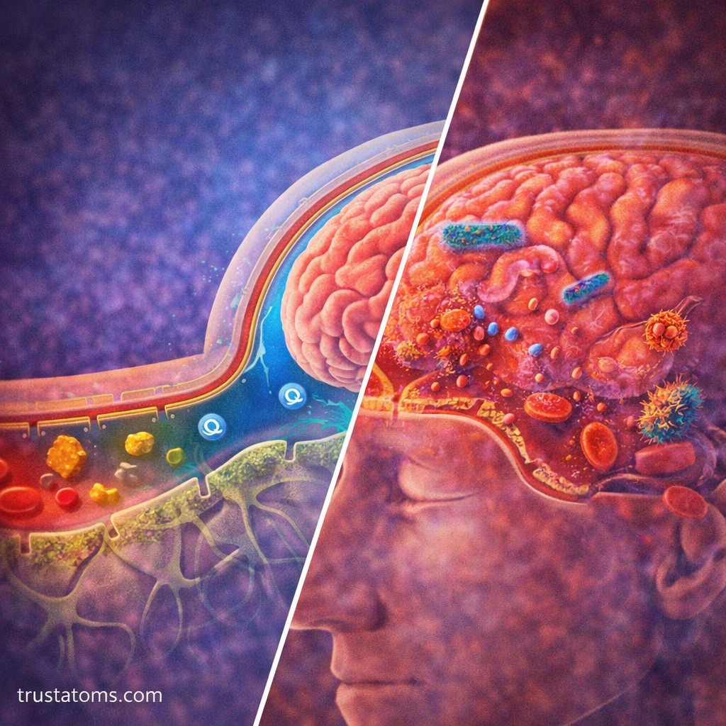 Split illustration showing a healthy blood-brain barrier blocking harmful substances and a damaged barrier allowing toxins and pathogens into the brain.