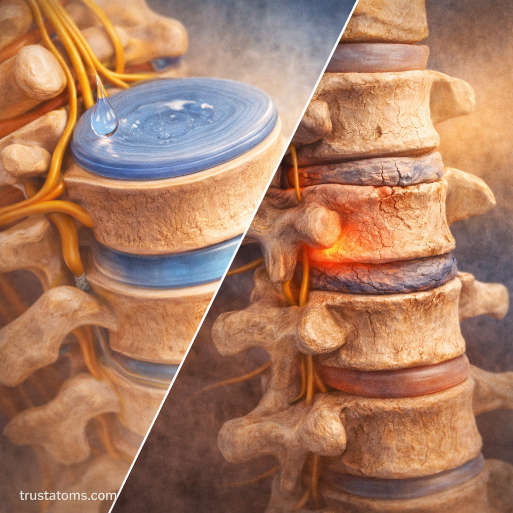 Split illustration comparing a healthy hydrated intervertebral disc and a degenerated compressed disc affecting spinal nerves.