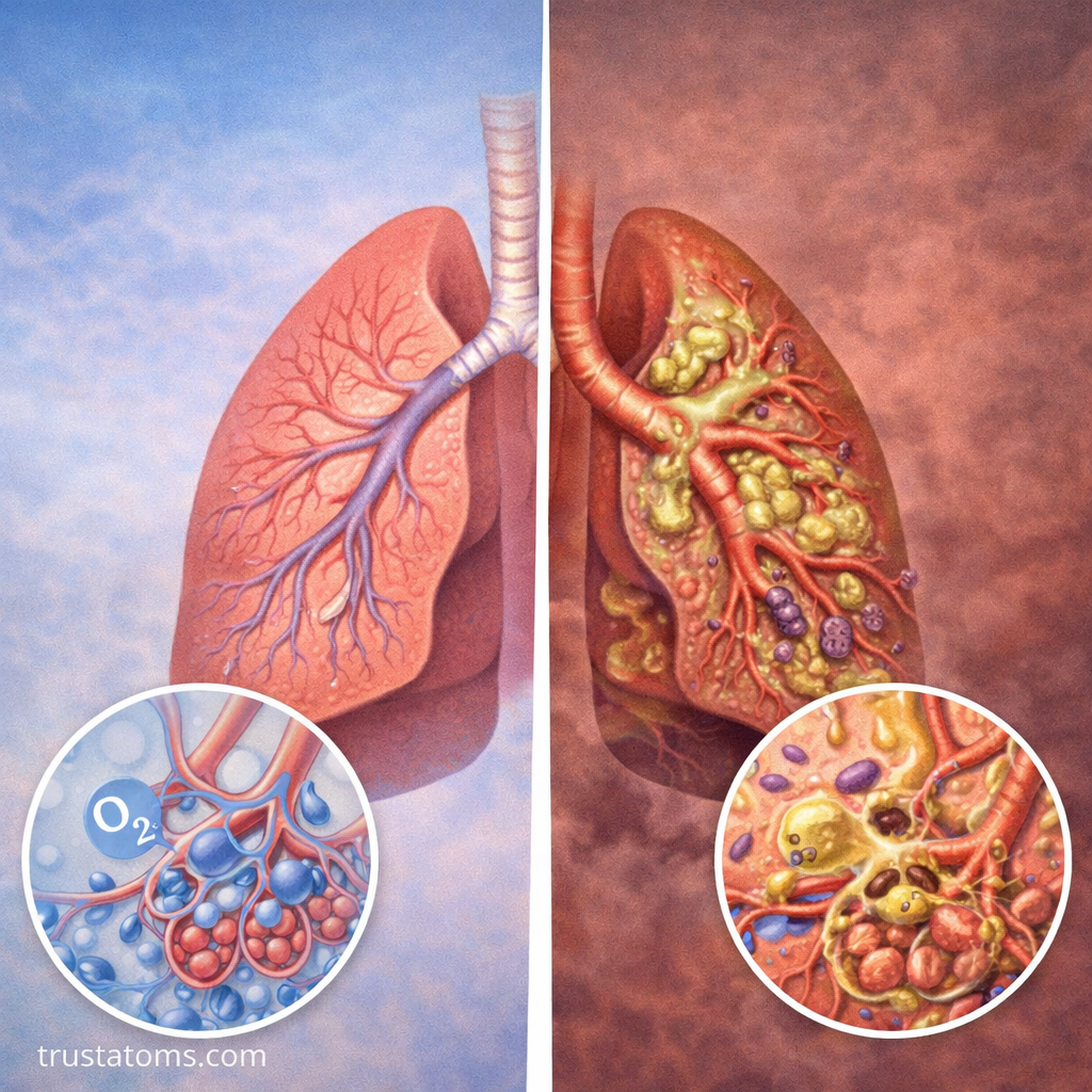 Split diagram comparing healthy lungs with clear airways and alveoli to diseased lungs with inflammation, mucus buildup, and impaired gas exchange.