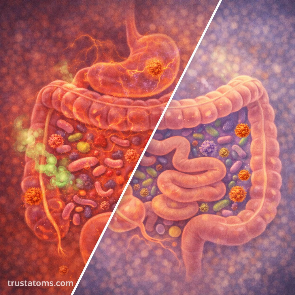 Split illustration comparing an imbalanced gut microbiome with a healthy, diverse microbiome in the digestive system.