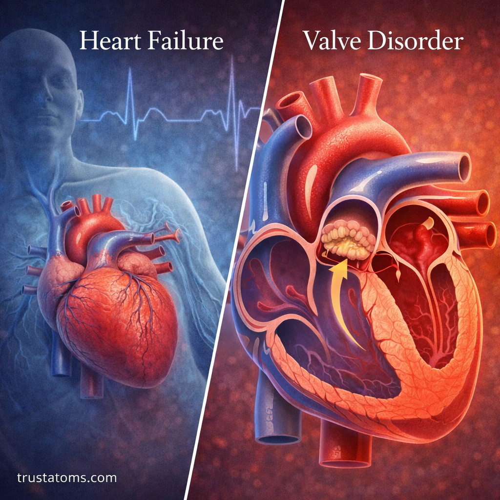 Split illustration comparing heart failure and valve disorder, showing enlarged heart function and abnormal valve blood flow.