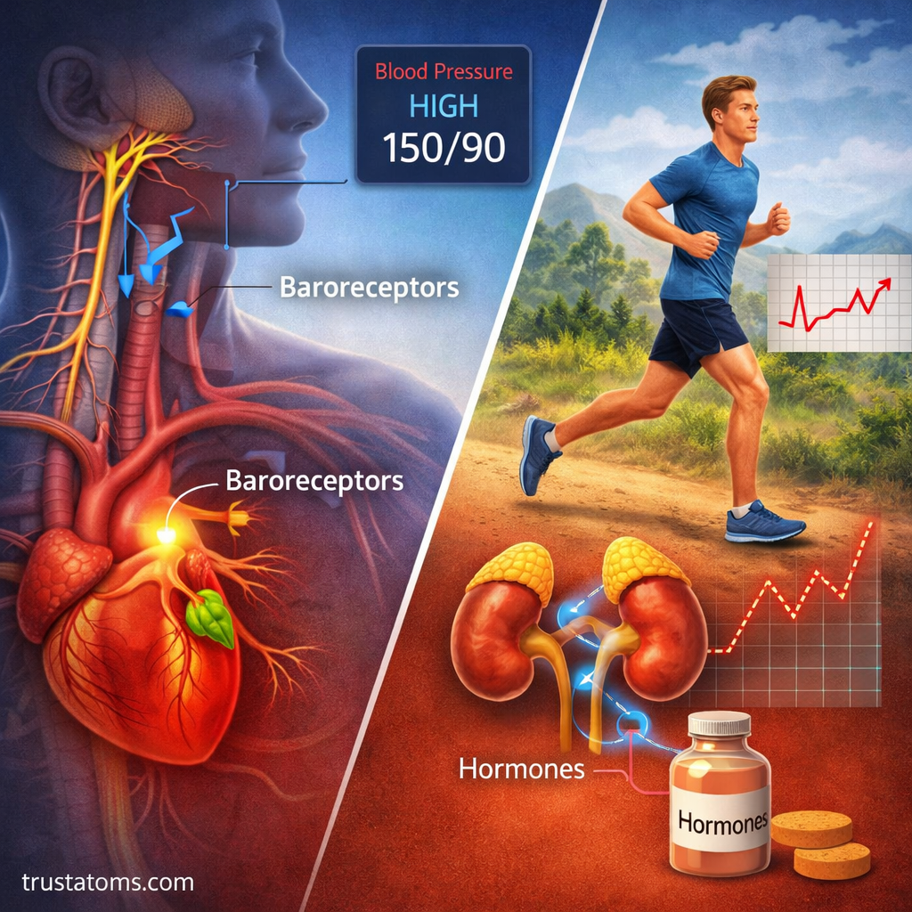 Split illustration showing baroreceptors regulating heart rate on one side and hormonal response during exercise on the other.