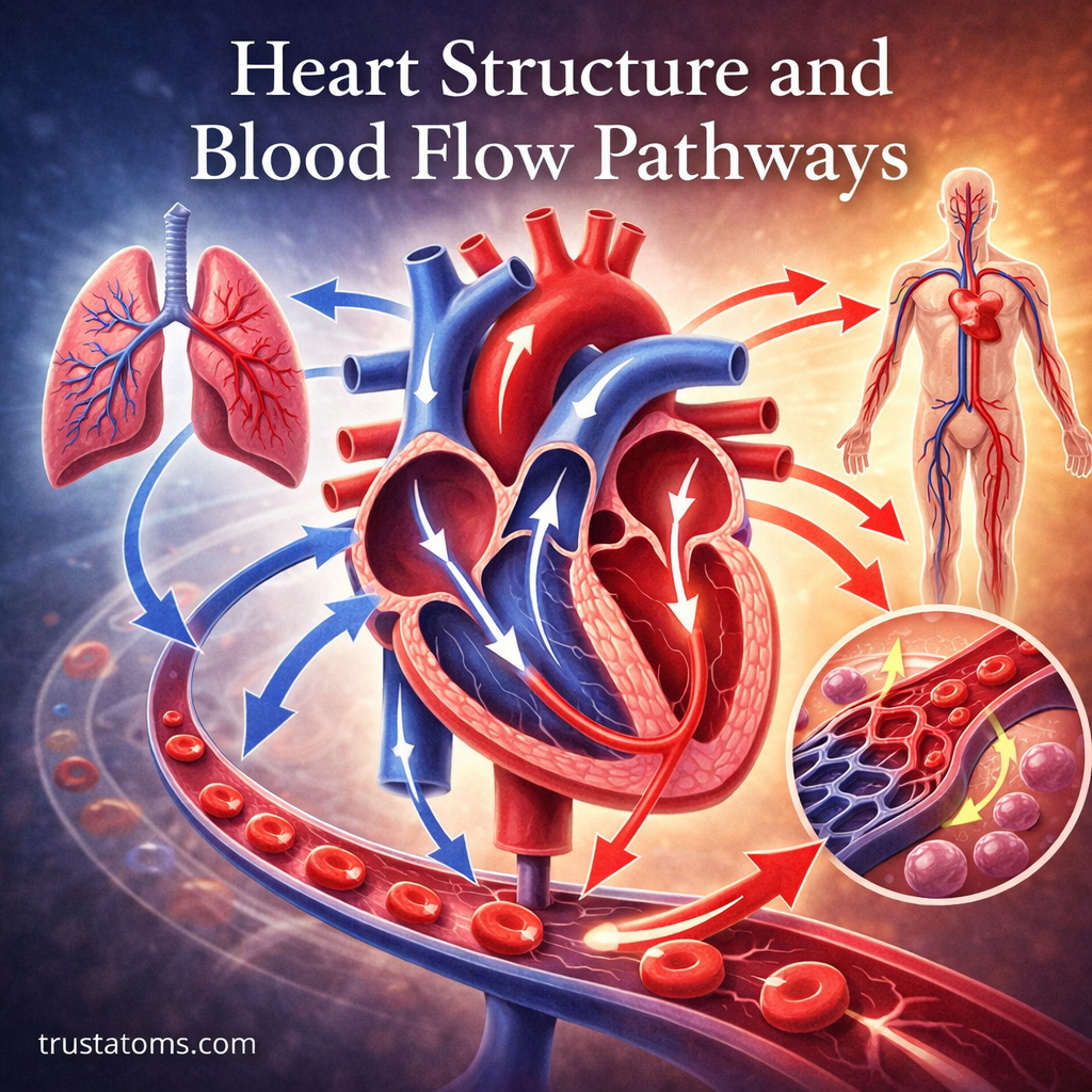 Simplified diagram of heart structure and blood flow pathways showing circulation between the heart, lungs, and body.