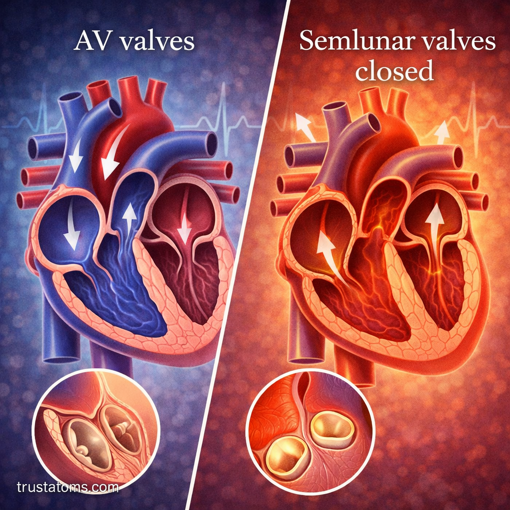 Split illustration showing heart valve function during the cardiac cycle with atrioventricular valves open and semilunar valves closed.