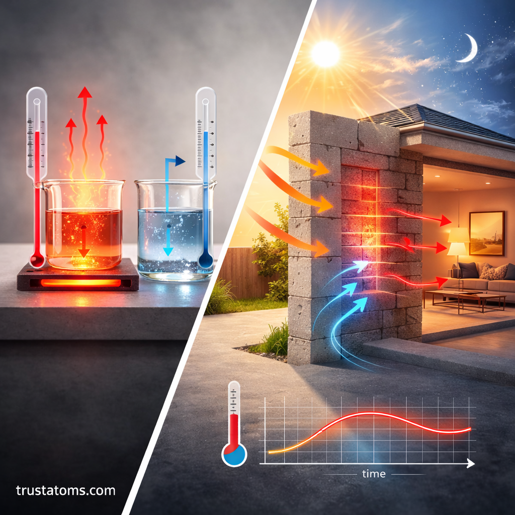 Diagonal split illustration showing heated and cooled laboratory beakers on one side and a building wall storing and releasing heat between day and night on the other.