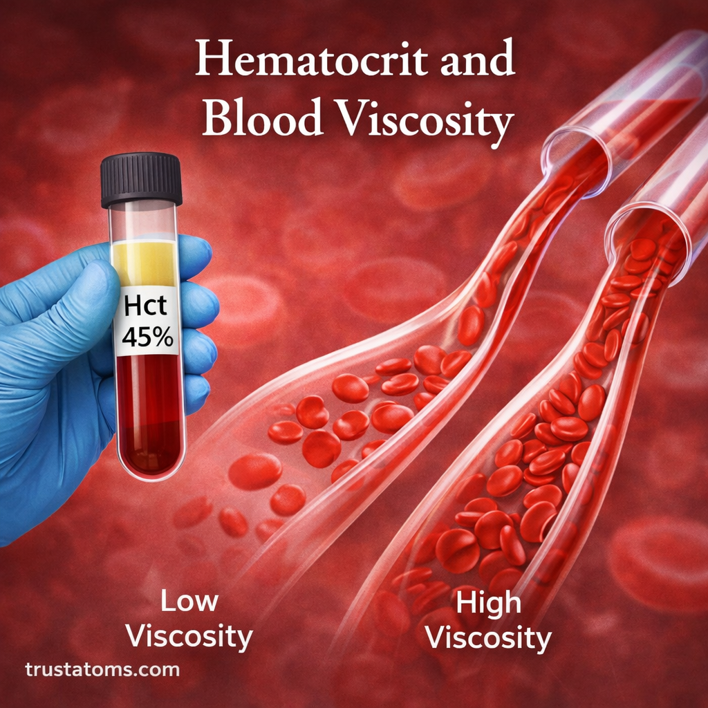 Illustration showing hematocrit levels in a blood sample and comparison of low vs high blood viscosity in blood vessels.